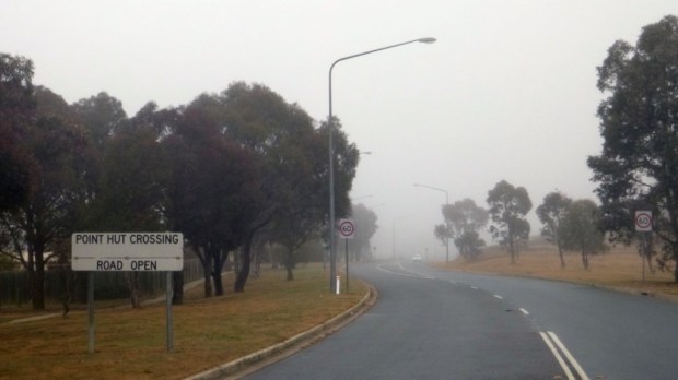 Point Hut Road Sign Fog